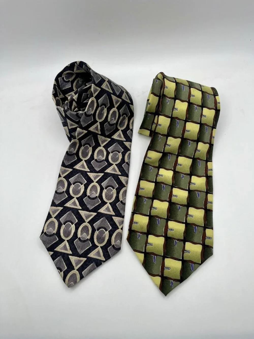 Vintage 1990s Silk Neckties Abstract Geometric Designer Mens Tie Lot Of 2 Green
